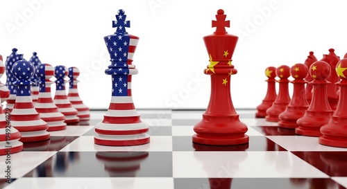 American and Chinese flag-themed kings and pawns are strategically positioned on a chessboard, ready for a global economic battle.