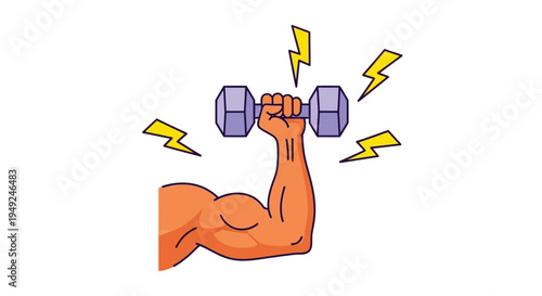 Powerful muscular arm lifting a dumbbell, surrounded by lightning bolts symbolizing strength and energy.
