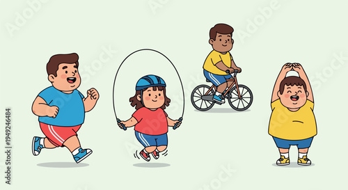 Cartoon illustration of four overweight children exercising: running, jump roping, cycling, and stretching, promoting healthy lifestyle.