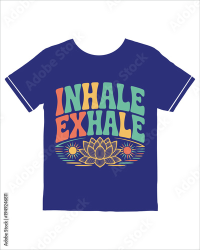 Retro vintage tshirt design with Inhale Exhale text and lotus flower illustration typhography t shirt design