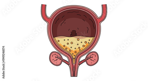 Medical illustration of a human urinary bladder showing dark urine and sediment, potentially indicating bladder stones or infection.