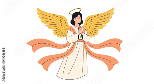 Kind angel character with golden wings and a halo performs a gentle greeting or prayer.