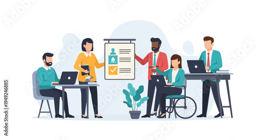 Diverse team collaborating on project with checklist presentation