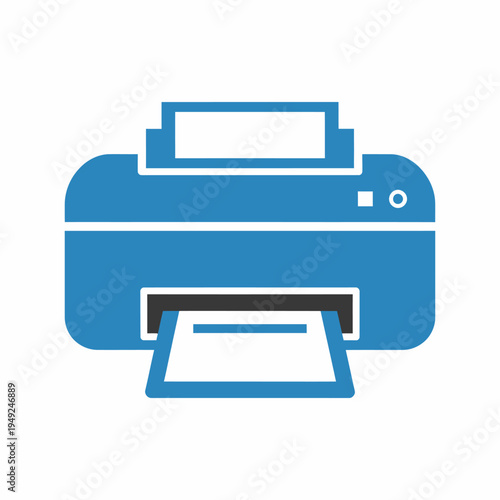 A simplified graphic of a blue printer with a white paper coming out