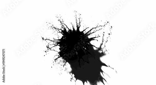 A dark ink stain splash with striking shape, casting a shadow