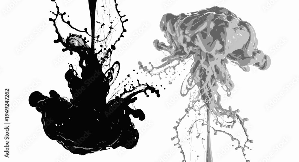 Obraz premium Black and gray ink or paint blending, mixing, and creating abstract forms on background