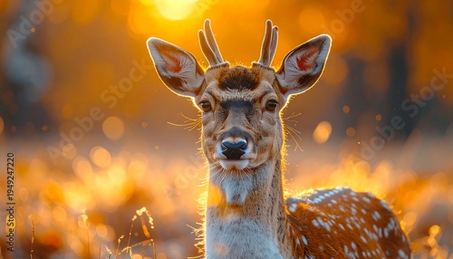 Deer portrait amidst golden sunlight and grassy field. Warm autumnal tones create a serene natural scene