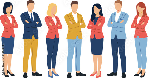 Cartoon business team illustration with diverse professionals in corporate attire for teamwork and organizational design