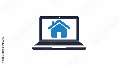 An icon depicts a house on a laptop screen, symbolizing online property search. The laptop is on a surface and the house has a blue outline