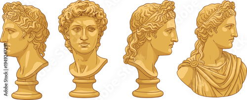 Cartoon classical bust sculptures illustration with Greek and Roman style golden statues for art and history design