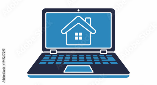 Laptop screen displaying a house icon, symbolizing real estate and online property browsing
