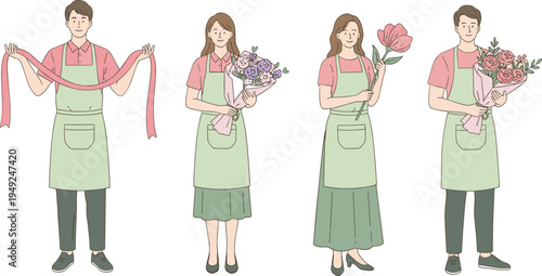 Cartoon florist illustration with ribbon, bouquet, and flowers for creative floral arrangement design