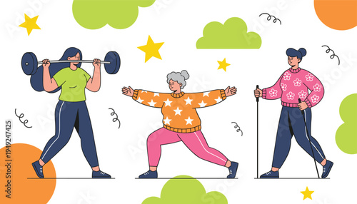 Cartoon fitness illustration with weightlifting, yoga stretching, and Nordic walking for health and exercise design