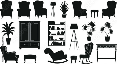 Silhouettes of diverse furniture and indoor plants including chairs, wardrobe, bookshelf, desk, lamps, and decor representing home interior design inspiration