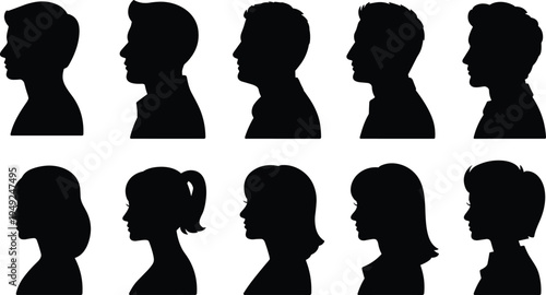 Cartoon human head profile silhouettes with diverse male and female hairstyles and facial features design