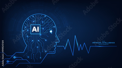 Head robot AI line circuit board technology on a dark blue background. Representing machine learning, data flow, and automation. Futuristic technology background. Vector illustration.
