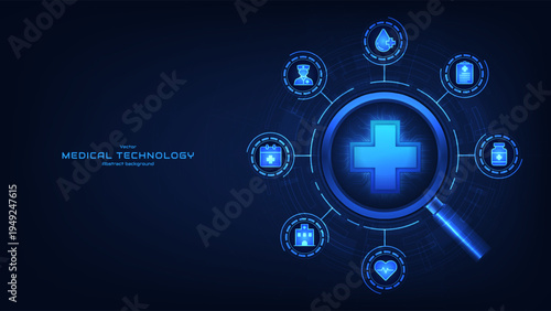 Health insurance concept. Healthcare medical icon under a magnifying glass on a circuit board background. Innovation future tech digital health services and medical diagnosis. Vector illustration.