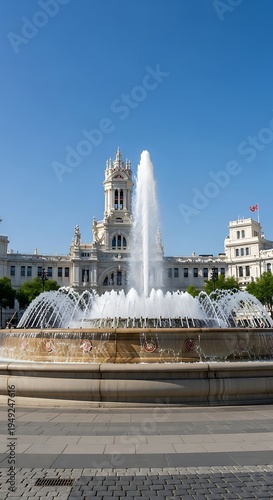 Cibeles Fountain and Palace in Madrid, Spain on a sunny day.