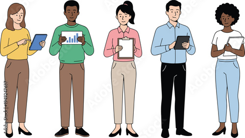 Cartoon office professionals illustration with tablets, charts, and folders for teamwork and workplace design