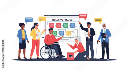 Diverse team discussing inclusive project with flowchart on screen