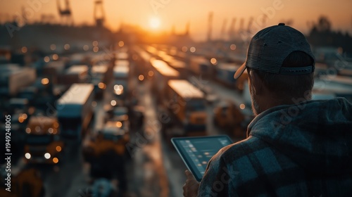 A person uses a tablet to oversee a busy container port at sunset, highlighting modern logistics and shipping operations.
