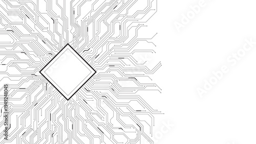 Futuristic chip processor on a circuit background. Cyber connection light interface. Electronic motherboard concept and an AI artificial intelligence. Motherboard and HTML code. Vector illustration.