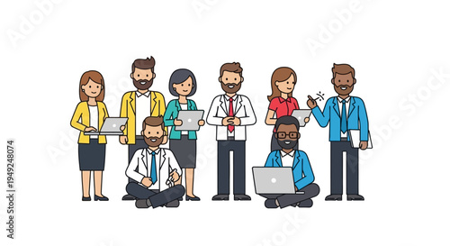 Diverse group of business professionals with laptops and tablets