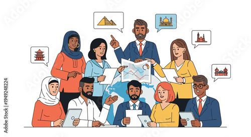 Diverse group of people discussing global business around a table