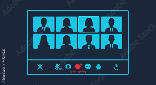 Online Meeting Illustration of Eight Silhouetted People. Each person's screen shows a person. There are different icons at the bottom of the screen representing camera and communication