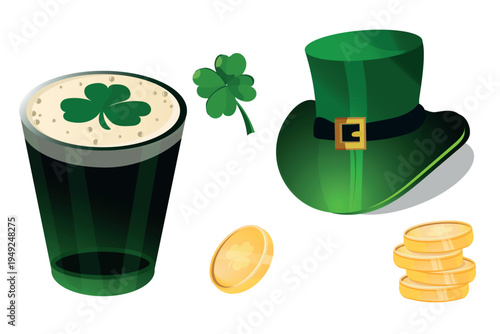 St. Patrick's Day vector set. Green beer pint with shamrock, leprechaun hat and gold coins isolated on white for Irish holiday celebration.