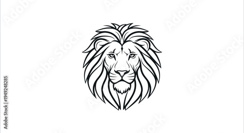 A majestic and powerful lion's head drawn in a sleek black line art style, perfect for a strong emblem or commanding logo design representing leadership, strength, and courage for modern brands.