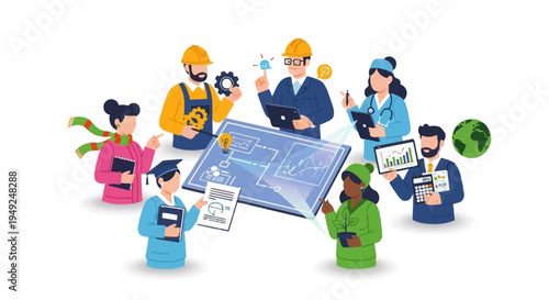 Diverse group of people with graphs and gadgets teamwork