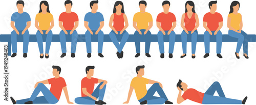 Cartoon people sitting and lounging illustration with diverse casual postures for lifestyle and community design