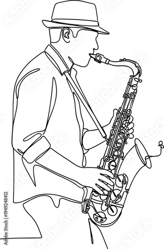 Minimalist continuous single line drawing of musician playing saxophone, jazz performance art, elegant musical silhouette, isolated on white background, vector