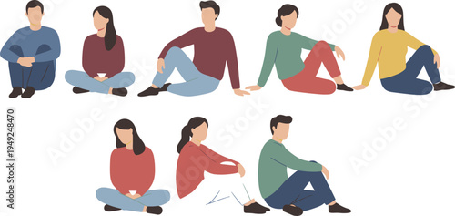 Cartoon people sitting illustration with diverse relaxed postures and casual lifestyle design elements