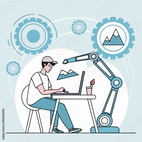 The image depicts a man sitting at a desk, working on a laptop. He is wearing a white t-shirt, blue pants, and a baseball cap. To his right, there's a robotic arm extending over his desk, also facing 