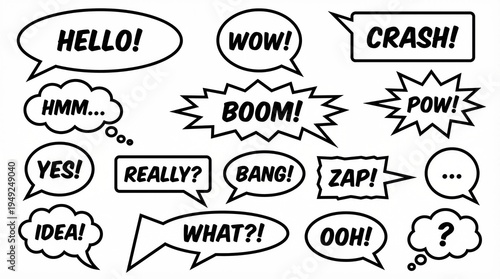 A diverse collection of black and white comic book style speech and thought bubbles containing various exclamations and sounds.