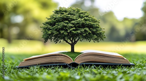 Tree growing from an open book on a grassy field.