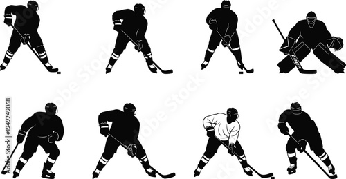 Quadro su tela Set of ice hockey player silhouettes including goalie and forwards in action pos