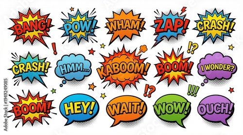A vibrant collection of comic book style speech bubbles and sound effects with various exclamations.