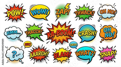 A vibrant collection of comic book style speech bubbles and sound effects featuring exclamations like POW, WOW, ZAP, and KA-BOOM.
