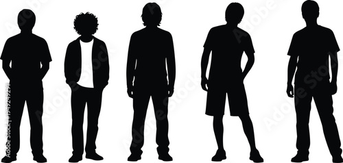Set of young men silhouettes in various casual standing poses featuring different hairstyles and clothing for urban lifestyle and community design