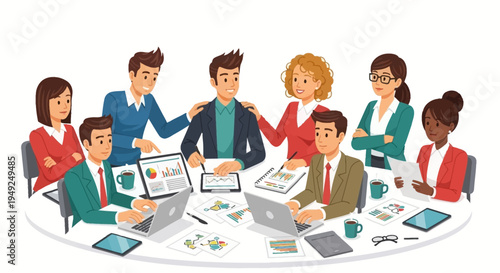 Diverse group of business professionals collaborating around a table with laptops and graphs