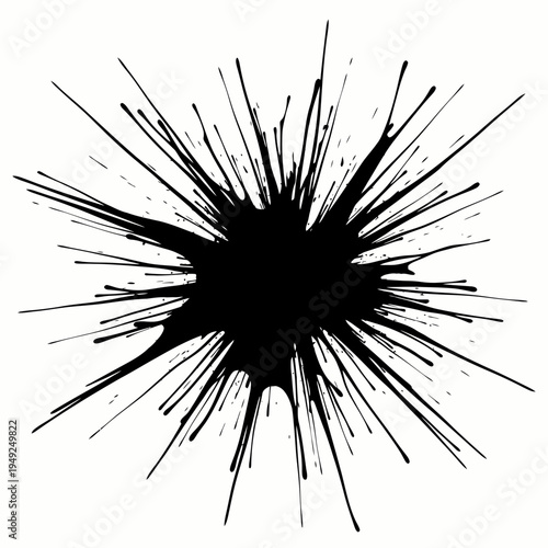 A dynamic abstract artwork featuring a black ink blot with striking radial lines radiating outward. This captivating composition is both simple and visually engaging