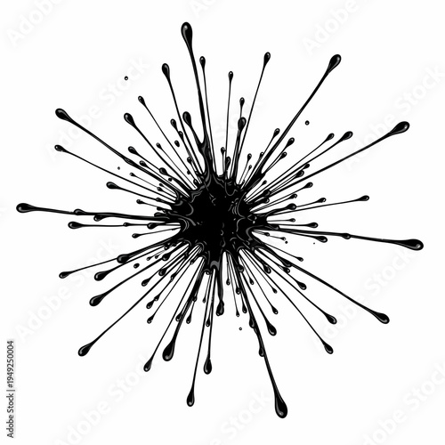 A striking splash of black ink spreading outward from a central point, creating a dynamic visual effect. The ink's glossy surface enhances its expressive qualities