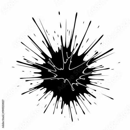 An abstract image of a black ink blotch with splashes, creating a dynamic visual