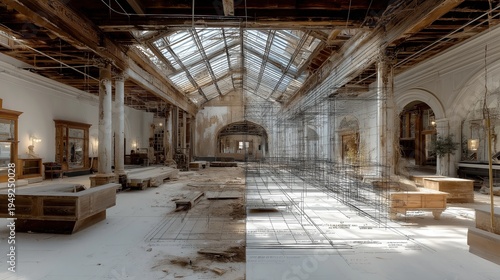A split image showing an abandoned, decaying museum interior on the left and a wireframe architectural model of the same space on the right.