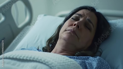 Woman Lying in Hospital Bed Looking Distressed with Closed Eyes Under Soft Lighting Wearing Blue Polka Dot Gown in Medical Facility