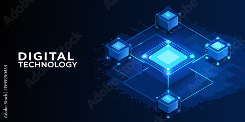 Isometric digital technology network with glowing blue circuit board design