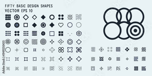 Collection of fifty basic vector design shapes in black and white